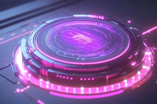 Circular technological device with glowing neon rings and circuit patterns  Inner core with a visible symbol