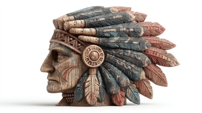 Native American Headdress Sculpture with Intricate Feather Details and Cultural Artwork