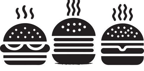 Burger icon or logo set. Hot hamburger black silhouette. Fast food black symbol. Vector illustration. stock illustration.