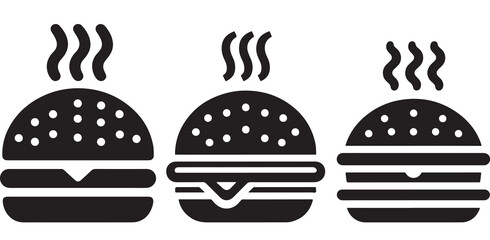 Burger icon or logo set. Hot hamburger black silhouette. Fast food black symbol. Vector illustration. stock illustration.