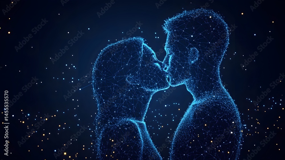 Poster digital art showcasing a kissing couple formed by connected blue lines and luminous points against a