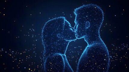 Digital art showcasing a kissing couple formed by connected blue lines and luminous points against a dark blue backdrop. Abstract Digital low-poly wireframe connected dots in dark blue