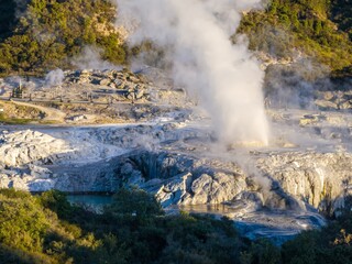 Spectacular view of Pohutu Geyser erupting at Te Puia, a geothermal park in Rotorua, New Zealand. A popular tourist destination.