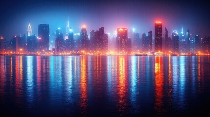 Fototapeta premium Panoramic cityscape glows with vibrant reflected lights across the water at night under a soft, rainy sky.