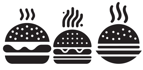 Burger icon or logo set. Hot hamburger black silhouette. Fast food black symbol. Vector illustration. stock illustration.