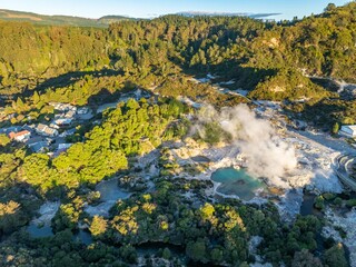 Aerial view of Whakarewarewa, a living M?ori village and geothermal area near Rotorua, New Zealand. The village is a popular tourist destination.