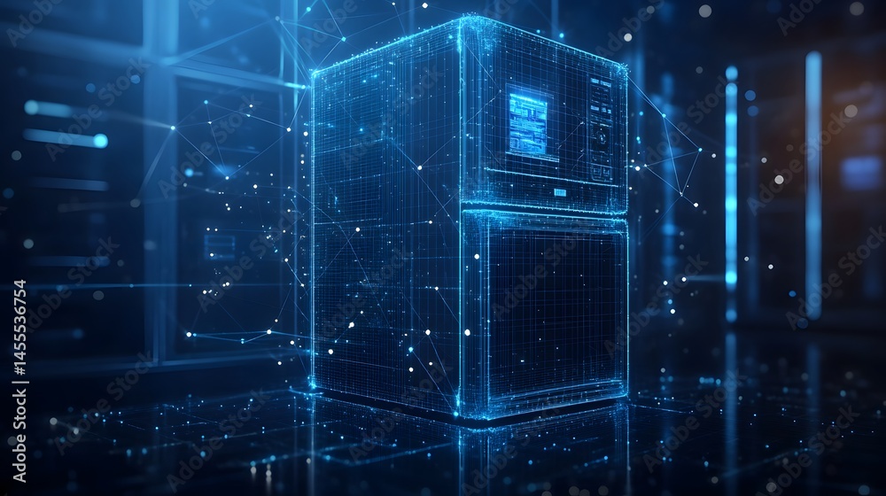 Aufkleber Futuristic blue wireframe refrigerator with a digital interface, set against a reflective surface. High-tech design with abstract elements. Abstract Digital low-poly wireframe