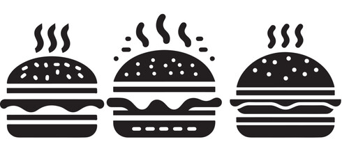 Burger icon or logo set. Hot hamburger black silhouette. Fast food black symbol. Vector illustration. stock illustration.
