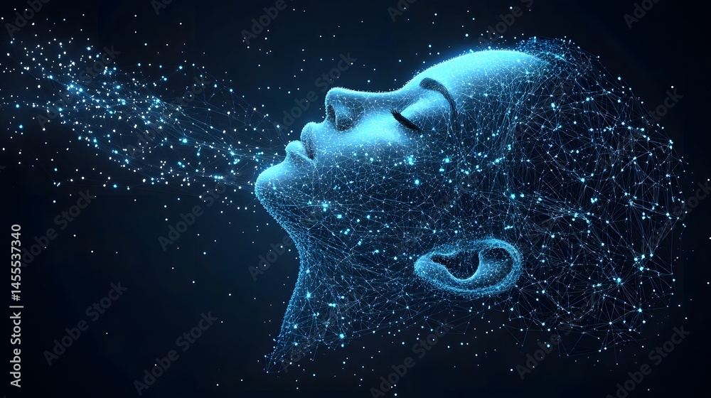 Poster futuristic profile of a digital human face constructed from interconnected data points, breathing ou