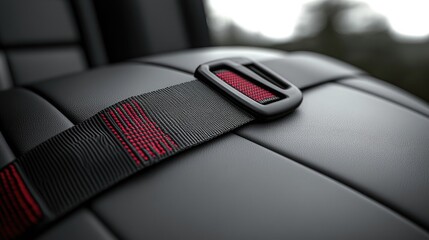 Close-up showcases a modern car seat belt with red accent stitching over the black leather, emphasizing safety.