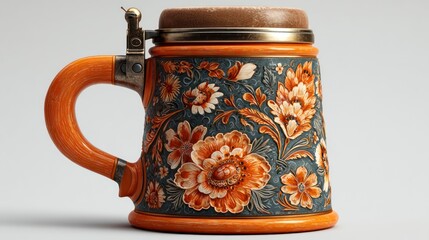 Intricate Floral Ceramic Mug with Wooden Lid and Metal Hinges Perfect for Decorative or Functi