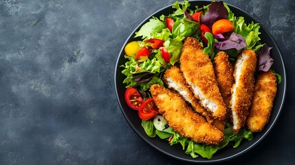Crispy breaded chicken tenders served with a vibrant salad.