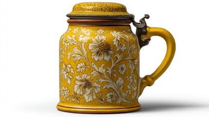 Vintage Yellow Ceramic Mug with Floral Design and Lid Perfect for Historical or Decorative The