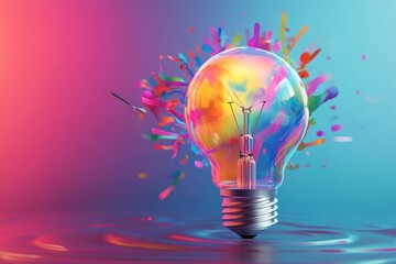 high detail 3D render of a bulb filled with creative design ideas, glowing effect