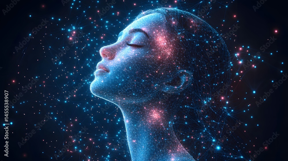 Poster stylized digital profile of a woman's head, interconnected with blue and red points. evokes technolo