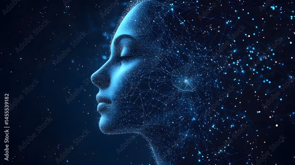 Aufkleber digital face in glowing blue, lines and dots forming a brain-like network against a dark, futuristic