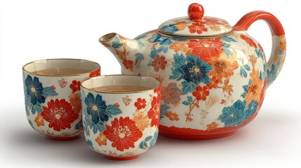 Elegant Floral Teapot and Cups Set with Vibrant Colors for Tea Time Ceramics Decorated with Re