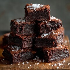 Dark Chocolate Brownies with Sea Salt on Wooden Board