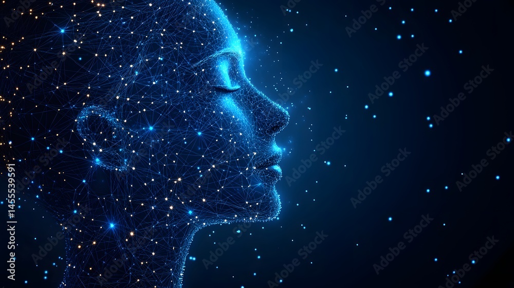 Poster futuristic digital profile of a human head crafted from glowing points and blue lines. represents ai