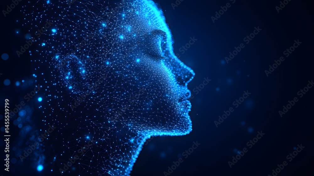 Leinwandbilder Futuristic profile of a human head rendered in blue dots and lines, creating a technological mesh. Depth emphasized by defocused particles. Abstract Digital low-poly wireframe connected