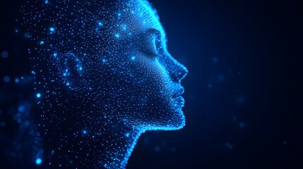 Futuristic profile of a human head rendered in blue dots and lines, creating a technological mesh. Depth emphasized by defocused particles. Abstract Digital low-poly wireframe connected