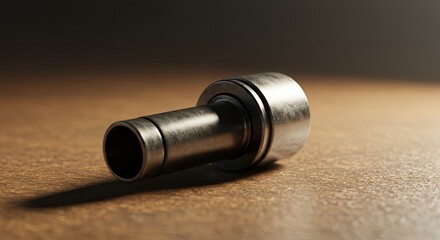 A silver object is laying on a wooden surface