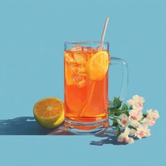 Fototapeta premium Iced Tea with Orange and Flowers on Blue Background