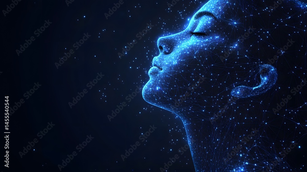 Aufkleber serene profile of a glowing blue digital head, eyes closed in contemplation. futuristic rendering ev