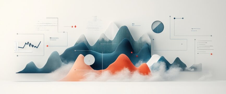 Abstract data visualization with 3D mountains and charts