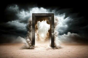 Mystical stone doorway in desert, shrouded in smoke, leading to bright light and stormy sky