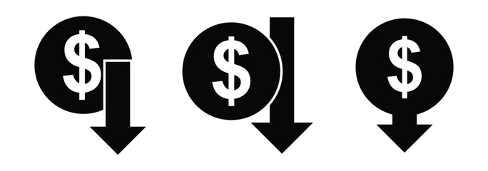 Cost Reduction Icon. Money increase or decrease icon set. dollar decrease increase symbol. profit and lose signs. Cost reduction icon Thin line art . 