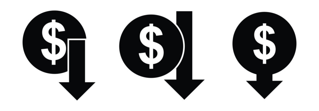 Cost Reduction Icon. Money increase or decrease icon set. dollar decrease increase symbol. profit and lose signs. Cost reduction icon Thin line art . 