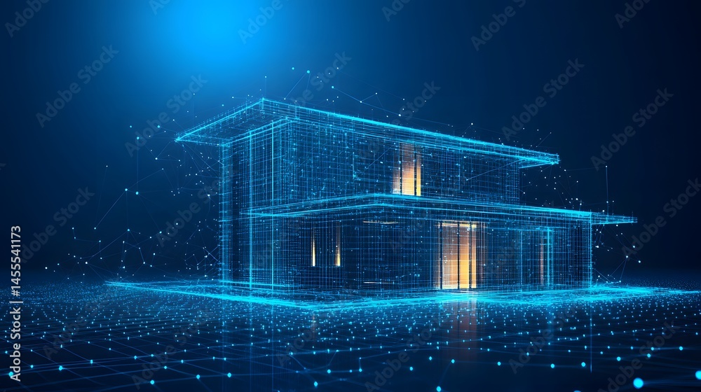 Aufkleber Digital blueprint of a two-story house in virtual space. Wireframe structure on grid. Architecture design visualization. Abstract Digital low-poly wireframe connected dots in dark blue