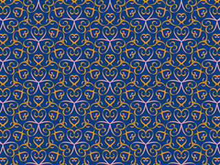 Repeatable Pattern of Pink and Orange Hearts and Swirls on a Dark Blue Background Pattern wallpaper fabric tiles textile 