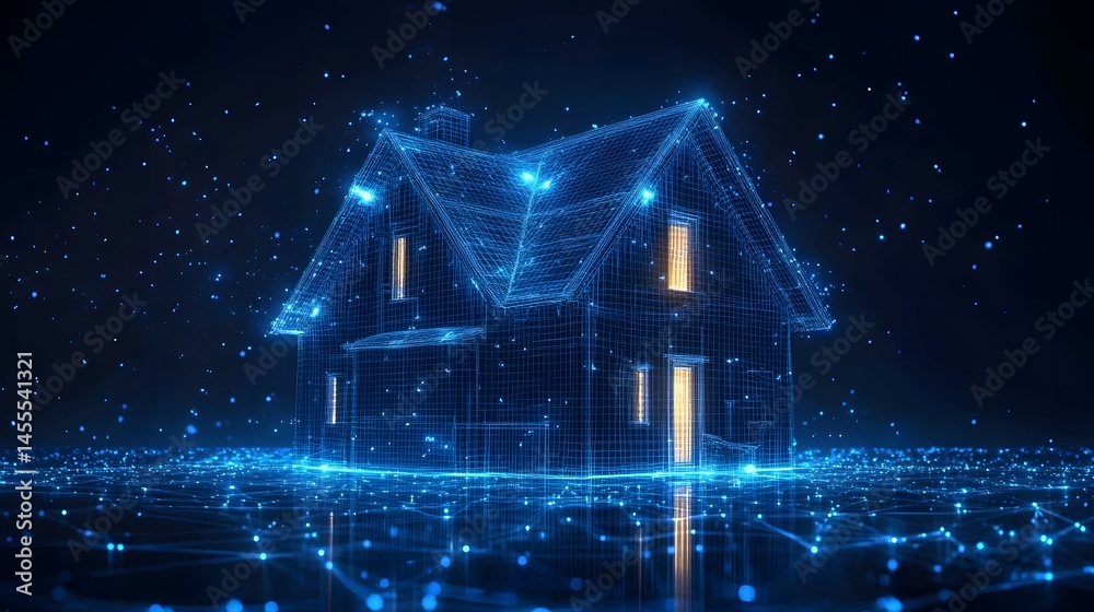 Poster Futuristic wireframe house glows warmly against a digital blue landscape, hinting at smart home tech. Digital architecture at its finest. Abstract Digital low-poly wireframe connected