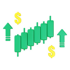 Obraz premium A 3D rendering displays a rising stock market chart with green candlesticks and upward-pointing arrows, accompanied by dollar signs, symbolizing financial growth and a bull market.