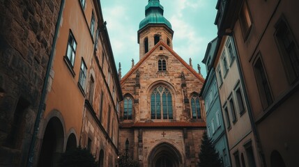 Naklejka premium Historic church facade between european buildings