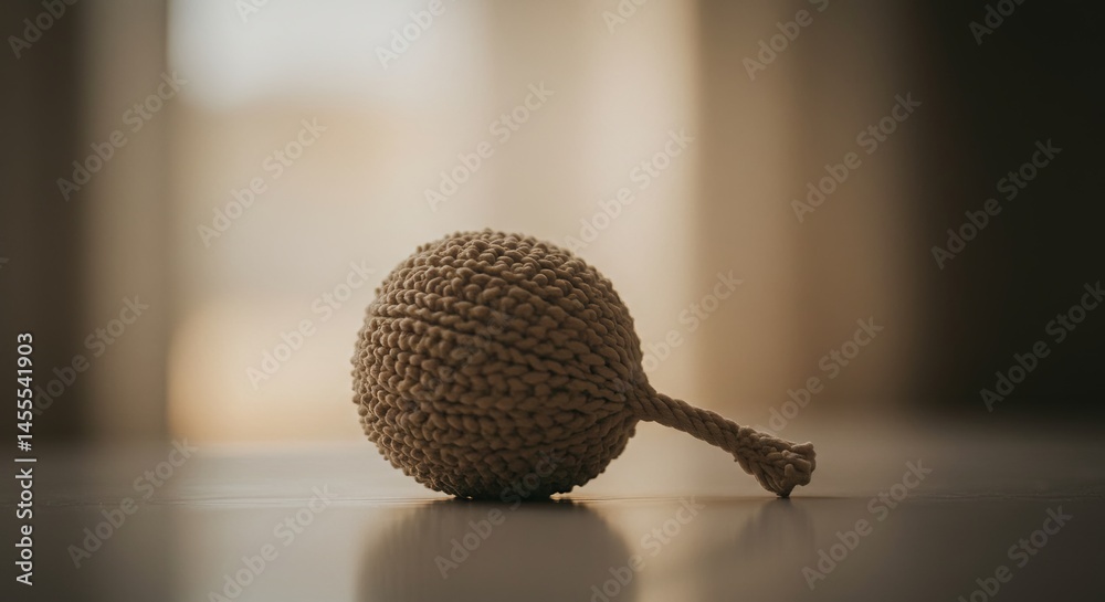 Poster a small white object with a brown stem is sitting on a table