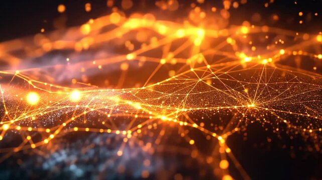 Abstract futuristic network animation featuring glowing orange connections and flowing particles backdrop