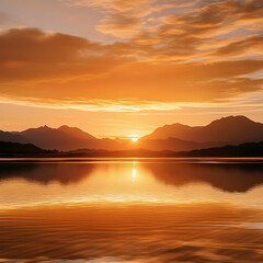 Fototapeta premium Tranquil Morning: A Captivating Orange Sunrise Over Mountains and Water