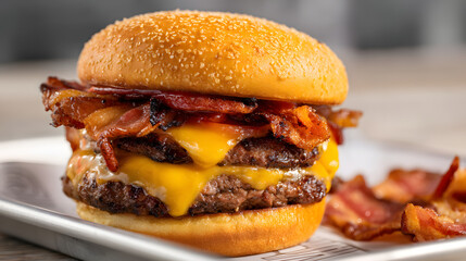 Delicious flame-grilled beef patties with thick slices of crispy bacon and melted cheese on a sesame seed bun