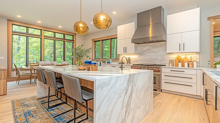 Modern kitchen with large island, natural light, and stunning views