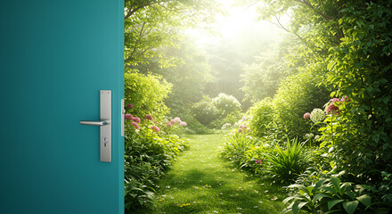 Teal Door with Metal Handle Opening to Lush Green Garden,elegant, rustic, old, aged, weathered, photo, image, photo
