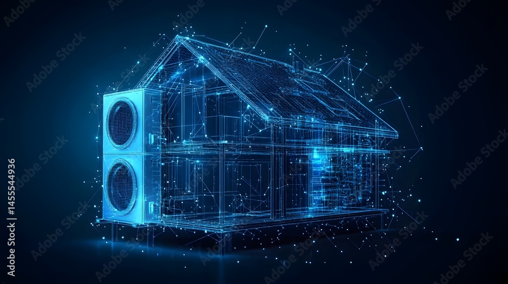 Poster Digital blueprint of a house featuring an AC unit, rendered in blue wireframe on a dark backdrop. Architectural concept. Abstract Digital low-poly wireframe connected dots in dark blue