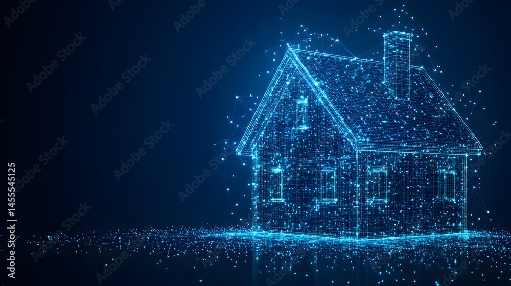 Aufkleber futuristic blue house rendered with interconnected dots and lines against a dark blue backdrop. abst