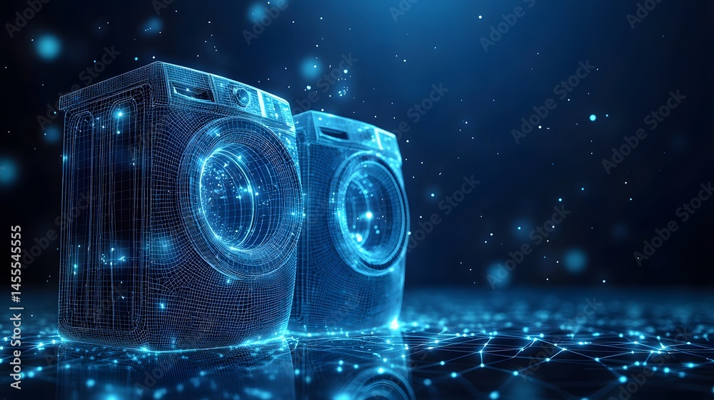 Poster futuristic washing machines glow in a digital wireframe design. blue light illuminates the technolog
