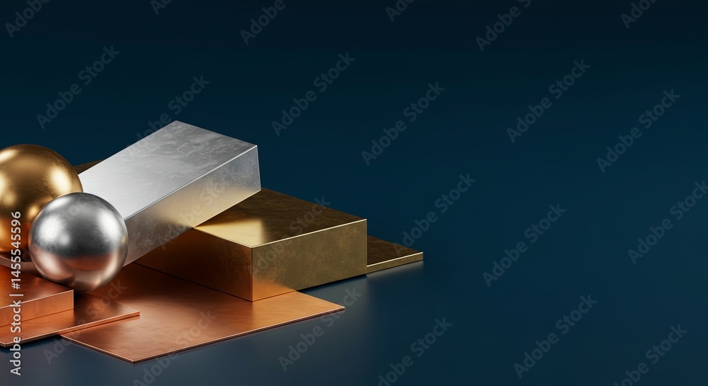 Poster a blue background with gold and silver objects on it