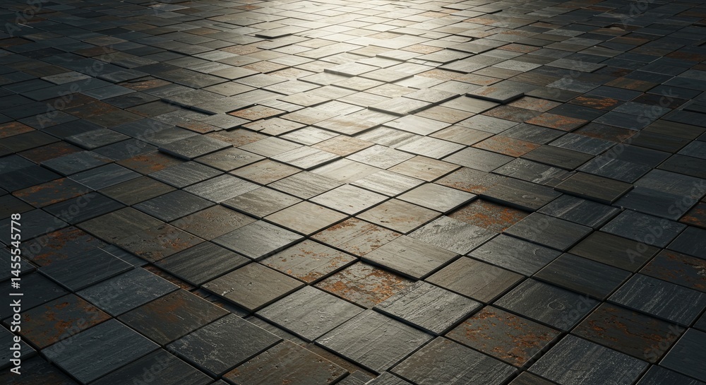 Poster a black and gray tile floor with a shiny surface