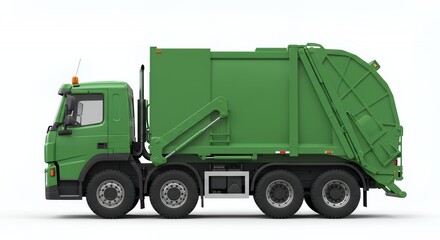 Profile View of a Detailed Green Refuse Truck on a White Background for Waste Management Illustration and Isolated with White Screen Perfect for Decoration
