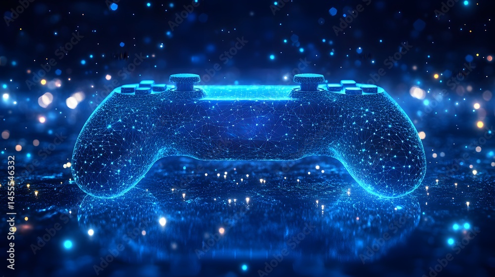 Fototapete Futuristic glowing game controller design evokes a high-tech digital ambiance with its blue light network and reflective surface. Abstract Digital low-poly wireframe connected dots in dark blue.